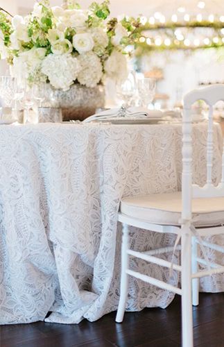 16 All White Wedding Ideas Bridesmaids Luncheon, Wedding Candles Table, Table Cloth Decorations, White Weddings, Wedding Table Linens, Wedding Tablecloths, All White Wedding, Reception Chair, Lace Table