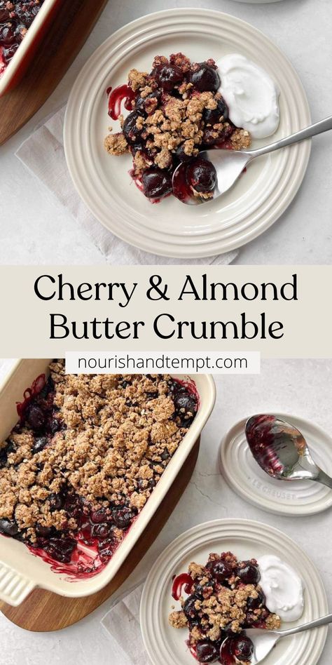 A cherry crumble being served, topped with oaty clusters and alongside a dollop of yoghurt. Healthy Crumble Topping, Crumble Recipe Topping, Cherry Crumble Recipe, Oat Clusters, Vegan Crumble, Cherry Crumble, Family Dinner Night, Fruit Crumble, Cherry Filling