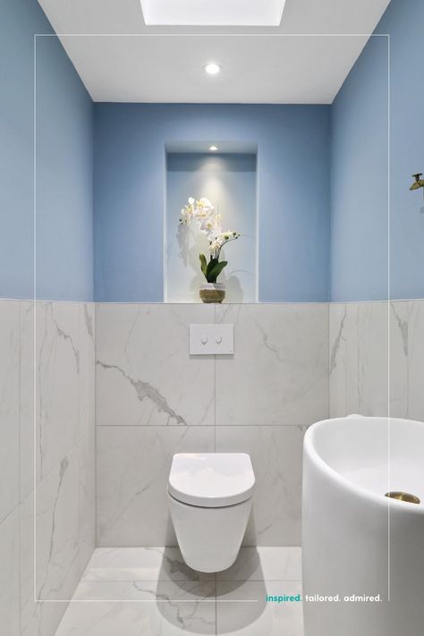 Marble Cloakroom Toilet, Tiles And Paint Combination, Soft Blue Paint, Blue Bathroom Paint, Cloakroom Ideas, Blue Bathroom Walls, Wc Ideas, Small Downstairs Toilet, Grey Marble Tile