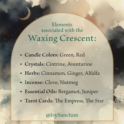 🌒✨ Manifest Your Dreams with the Waxing Crescent ✨🌒 The waxing crescent moon is a time for action and manifestation. Historically, this phase has been used for initiating new projects and personal development. As the moon grows, now especially under the effect of the Lion's Gate Portal, it's the perfect period to focus on growth, attraction, and drawing new opportunities into your life. This phase supports spells and rituals related to increasing prosperity, success, and advancing personal ... Waxing Crescent Affirmation, Waxing Crescent Moon Meaning, Waxing Crescent Moon Ritual, Crescent Moon Meaning, Daily Witchcraft, Moon Phases Meaning, Moon 2024, Moon Witchcraft, Hearth Witch