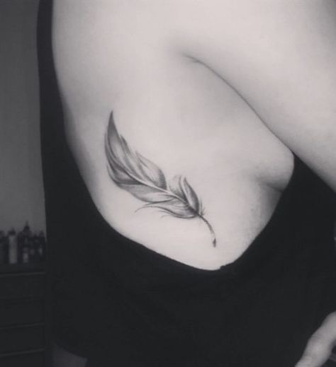 Collar Bone Tattoo Feather, Rib Feather Tattoo, Feather Tattoo Ribs, Hawk Feather Tattoo Feminine, Feather Butterfly Tattoo, Feather Neck Tattoo, Feather Rib Tattoos, Jamie Tattoo, Feather Pen Tattoo