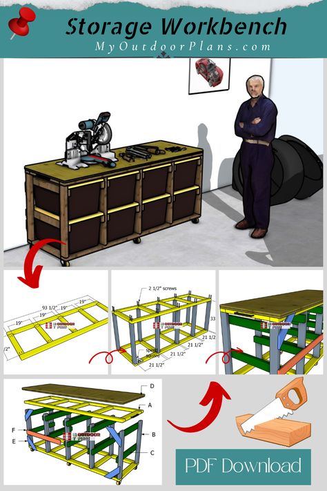 Tote Storage Workbench Plans – Free DIY Plans Work Bench Plans, Simple Workbench Plans, Woodwork Ideas, Storage Totes, Diy Tote, Pocket Hole Jig, Workbench Plans, Bench Plans, Work Bench