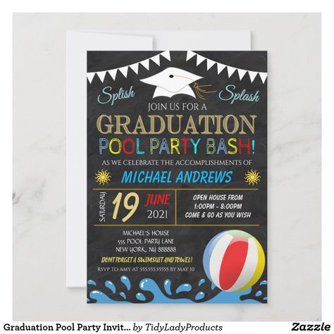 Graduation Pool Party, Kindergarten Graduation Invitations, Graduation Bbq, Pool Party Invitation Template, Graduation Invitations High School, Graduation Party Foods, Graduation Templates, Summer Party Invitations, Pool Party Invitations