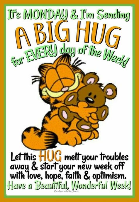 Monday Hugs Images, Monday Hugs, Good Morning Disney, Garfield Monday, Good Morning Quotes Funny, New Week Quotes, Happy Friday Happy Weekend, Happy Birthday Good Morning, Good Morning English