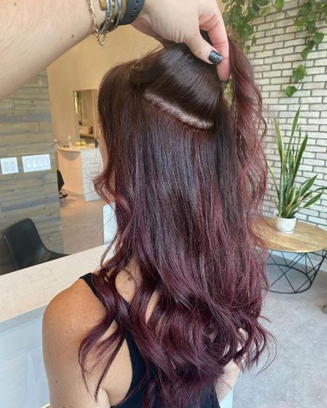 Cherry Soda Hair Color, Cherry Coke Peekaboo Hair, Cherry Coke Color Hair, Deep Cherry Red Hair Ombre, Cherry Coke Hair Color Indian, Cherry Cole Hair, Cherry Soda Hair, Cherry Cola Balayage On Black Hair, Cola Red Hair Color