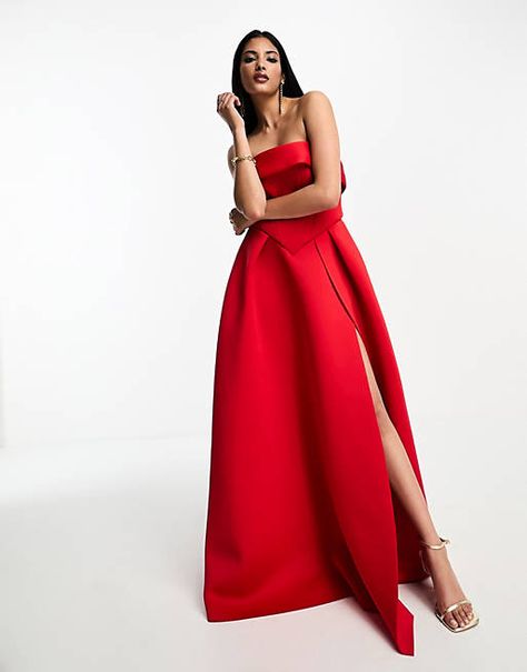 ASOS DESIGN bandeau corset structured skirt maxi dress in red | ASOS Black Tie Optional Attire, Structured Skirt, Red Corset, Valentino Dress, Skirt Maxi, Dinner Dress, Trending Dresses, Red Fashion, Guest Dresses