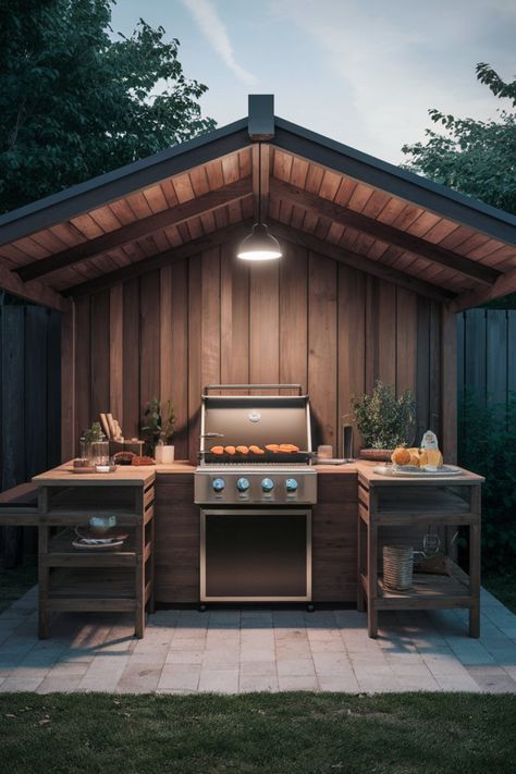 Simple outdoor BBQ station with a stainless steel grill, wooden countertops, and storage shelves, all under a wooden shelter in a backyard setting. Simple Outdoor Kitchen On A Budget, Outdoor Bbq Station, Bbq Shelter Ideas, Backyard Grilling Area, Bbq Station, Simple Outdoor Kitchen, Outdoor Grill Area, Outdoor Bbq Area, Outdoor Grill Station