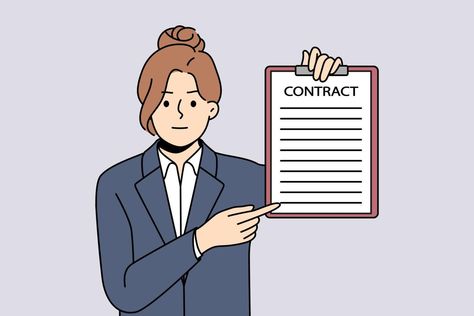 Serious young businesswoman in suit point at paper contract. Strict female boss or CEO demonstrate work agreement or paperwork. Vector illustration. Work Agreement, Female Boss, Boss Lady, Business Women, Vector Art, Vector Illustration, Quick Saves, Art