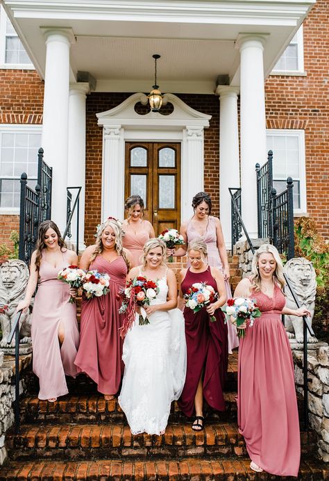 Copy This Lovely Red and Pink Wedding Theme for Your Big Day Pink And Red Themed Wedding, Red And Pink Bridesmaid Dresses, Red And Pink Wedding, Different Bridesmaid Dresses, Baby Pink Wedding, Monochromatic Wedding, Wedding Theme Color Schemes, Blush Wedding Colors, Dusty Pink Weddings