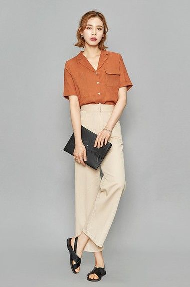 A-IN | MODEL: Nam Hye Lim - STYLE: basic, office - LIST ITEM: short sleeved notched collar shirt (brick red), straight leg pant (beige), clutch (black leather), criss-cross slingback sandals (black leather), bracelet - MORE: half-down hair Notched Collar Shirt, Womans Tops, Minimalist Ootd, Beige Clutch, Casual Frocks, Dressy Casual Outfits, Beige Outfit, Half Shirts, Straight Leg Pant