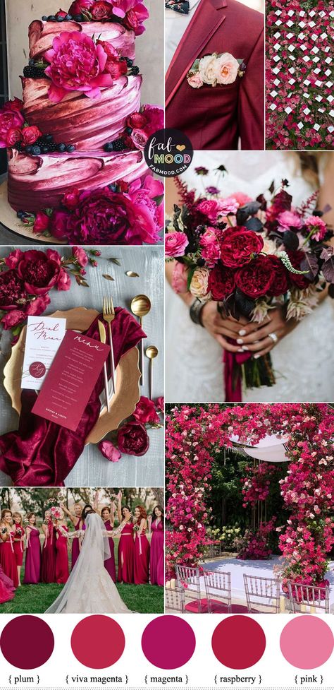 Colours For Wedding Theme, Berry Pink Wedding Theme, Magenta Theme Wedding, Dark Fuschia Wedding, Berry Color Wedding Decor, Coral And Fuschia Wedding, Viva Magenta Wedding Invitation, All Shades Of Pink Wedding, Viva Magenta Bridesmaid Dress