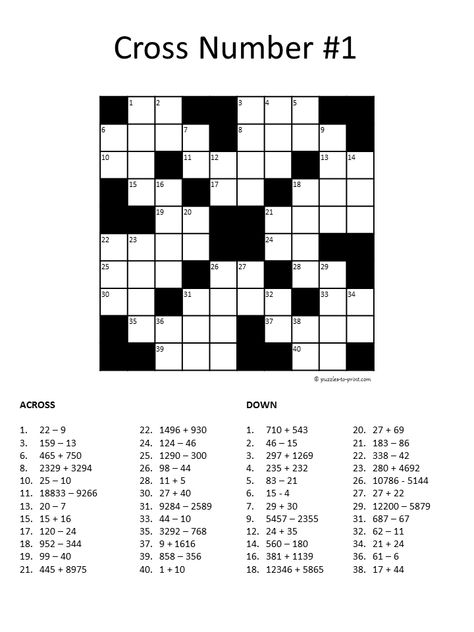 Free printable number crossword puzzle with solution.  Find other puzzles to help with learning math. Math Crossword Puzzles, Math Crossword, Free Printable Crossword Puzzles, Math Journal Prompts, Printable Crossword Puzzles, Math Riddles, Basic Math Skills, Math Journals, Number Puzzles