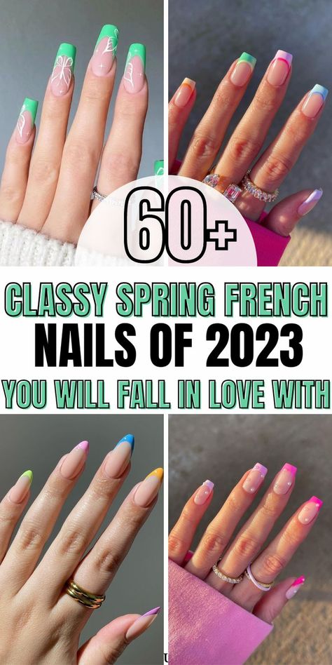 Are you into the trend of French nails and French tip nails of 2023? yet, you want to celebrate spring through the best spring nail design of all time? We've got you here the best spring French nails to add a spring twist to your French tip nails and upgrade your classic French nails manicure. We Heart It Nails, Nails Of 2023, French Manicure With A Twist, Summer French Nails, Short French Tip Nails, Gel French Manicure, Cute Summer Nail Designs, French Manicure Designs, Bright Summer Nails