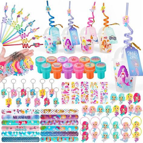 PRICES MAY VARY. 【ALL-IN-ONE】We have planned out the perfect novely mermaid themed party favors packs, including 12* reusable cups with dome lids, 12* reusable mermaid drinking plastic straws, 12* mermaid stampers, 12* mermaid hair ties, 12* thank you tags, 12* slap bracelets, 12* mermaid rings, 12* mermaid keychains, 12* 3D stickers, can be assemble to 12 unique gift cups filled with toys, will be a great hit for children's party. 【MAKE AN AMAZING GOODY BAG】We offer 12pcs cups with dome lids, 1 Mermaid Drink, Mermaid Party Favors, Bracelet Keychains, Reusable Straws, Hair Tie Bracelet, Mermaid Theme Party, Mermaid Parties, Girls Toys, Mermaid Pattern