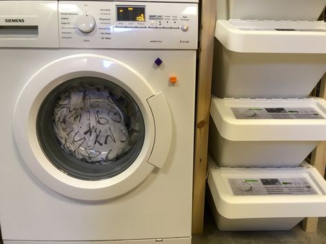 SORTERA boxes is a nice way to sort your clothes before washing them. My version is even better, with laundry sorting labels on top of the lids. Sortera Ikea Hack Laundry Rooms, Ikea Sortera Hack, Sortera Ikea Hack, Ikea Crates, Ikea Office Furniture, Ikea Instructions, Hackers Ikea, Ikea Laundry, Laundry Sorting