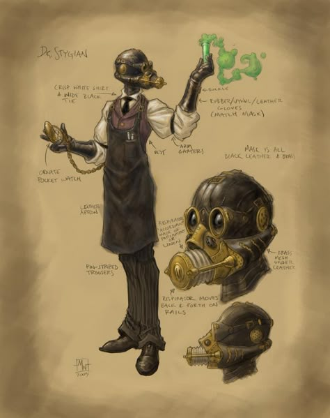 Doctor Stygian By Matt Wilson Steampunk Dungeons And Dragons, Steampunk Automaton Art, Steam Punk Doctor, Steam Punk Scientist, Warforged Alchemist, Evil Artificer, Evil Scientist Outfit, Steampunk Artificer, Scientist Concept Art