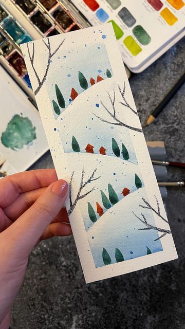 𝓝𝓮𝓰𝓲𝓷 𝓐𝓻𝓶𝓸𝓷 on Instagram: "How to paint an easy winter landscape in watercolors. Imagine a small village with cozy little red houses on the hills surrounded by evergreens. For this painting I have used a non cotton cold pressed watercolor paper. Watercolors: Prussian blue, sap green, Cerulean blue and deep scarlet. To make the image more interesting I added some tree branches that go outside of the frame and splattered someone Cerulean blue representing snow. #watercolor #watercolortutorial #easywatercolor #aquarelle #aquarelas #paintwithme #paintingideas #cozywinter #winterlandscape #winterillustration #creativeideas" Wet On Wet Technique, Snow Watercolor, Watercolor Christmas Cards Diy, Christmas Cards Drawing, Christmas Card Tutorials, Painted Christmas Cards, Red Houses, Diy Valentines Cards, Step By Step Watercolor