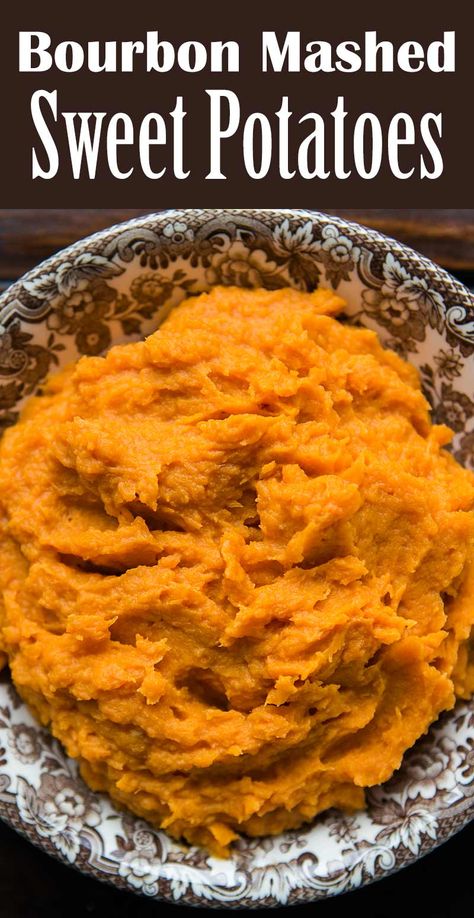 Bourbon Mashed Sweet Potatoes! Mashed sweet potatoes are great, but add a little bourbon and they become outright decadent! Make this easy side dish for Thanksgiving or a holiday party this year. #bourbon #sweetpotato #sidedish #thanksgiving #christmas #simplyrecipes Bourbon Sweet Potatoes Thanksgiving, Bourbon Mashed Sweet Potatoes, Maple Bourbon Sweet Potatoes, Bourbon Sweet Potato Recipes, Bourbon Sweet Potatoes, Potatoes Mashed, Sweet Potato Recipes Mashed, Mashed Potato Recipes, Easy Side Dish