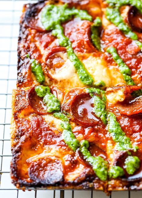 Pepperoni and Roasted Jalapeno Pesto Pan Pizza – Sauced Kitchen Jalapeno Pesto Recipe, Jalapeno Pesto, Square Pizza, Roasted Jalapeno, Pesto Pizza, Pizza Recipes Homemade, Think Food, Pan Pizza, Pesto Recipe