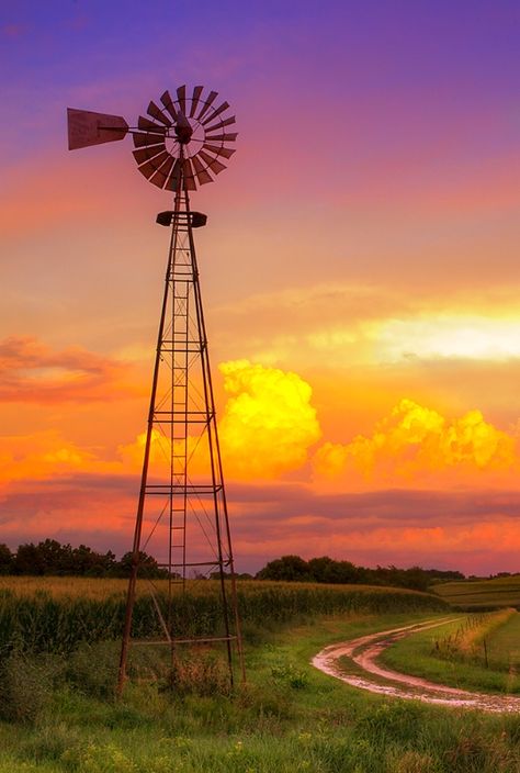 Farm Windmill, Windmill Water, Wow Photo, Old Windmills, Country Scenes, Dirt Road, Old Barns, Nature Landscape, Beautiful Sunset