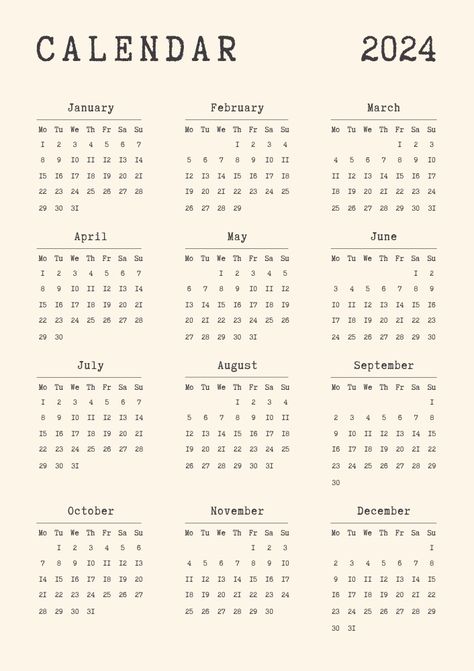 #typewrite #retro #minimalistic #yearly #calendar #2023 #2024 #2025 #2026 8 pages - 2 options for starting the week from Monday and from Sunday 2025 Yearly Calendar, Yearly Calendar 2023, Yearly Calendar Template, Calendar Journal, Coloring Calendar, Scrapbook Printing, Cute Calendar, Planner Business, Calendar 2023