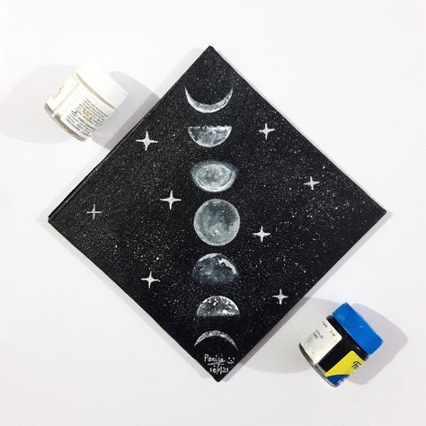 Moon Phases Acrylic Painting, Things To Paint On Canvas Aesthetic Dark, Witchy Painting Ideas Easy, Witchy Canvas Painting, Space Painting Easy, Square Canvas Painting Ideas, Moon Phase Painting, Grunge Painting, Black Canvas Paintings