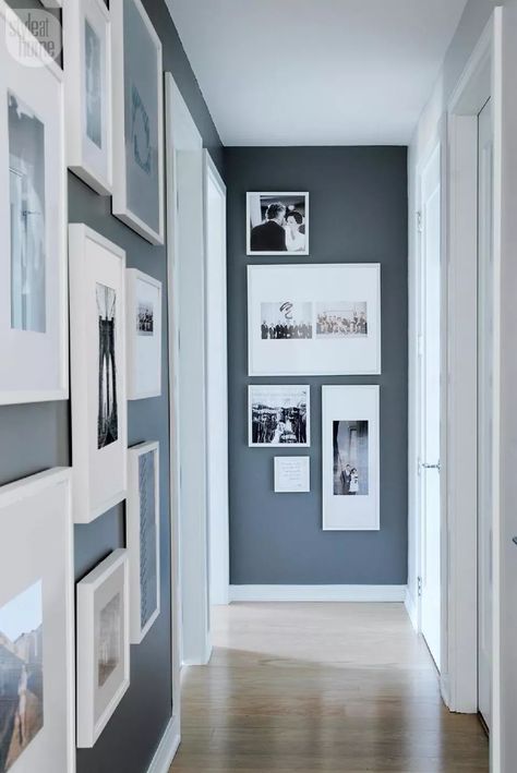 Apartment Gallery Wall, Small Hallway Ideas, Narrow Hallway Decorating, Upstairs Hallway, Hallway Wall Decor, Hallway Designs, Hallway Ideas Entrance Interior Design, Hallway Ideas Colour, Small Hallways