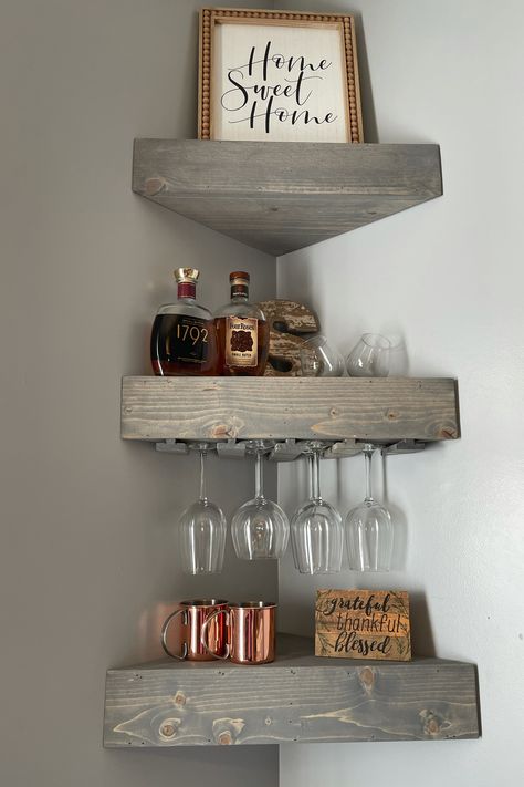 Cheers! Wine racks make any space feel like home #greenriverwoodco #rusticwinerack #cornershelves #etsy Wine Rack Corner, Corner Shelf Kitchen, Floating Wine Rack, Wine Rack Wood, Corner Wine Rack, Wall Wine Rack, Wood Wine Rack, Kitchen Wine Rack, Diy Home Bar