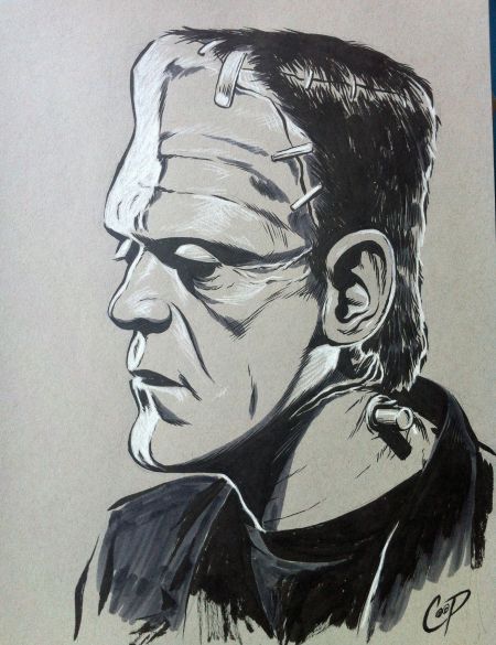 Universal Monsters Art, Frankenstein Tattoo, Tone Paper, Art Chicano, Monster Sketch, Frankenstein Art, Elephant Artwork, Horror Drawing, Pop Art Drawing