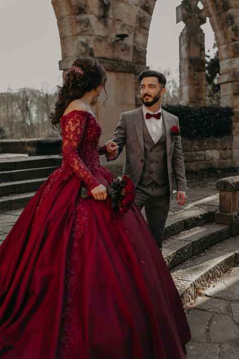 Maroon Ball Gown With Sleeves Wedding Reception Dress Indian, Burgundy Sweet 16, Burgundy Wedding Dresses, Reception Dress Indian, Wedding Matching Outfits, Burgundy Wedding Dress, Off Shoulder Ball Gown, Burgundy Prom, Satin Ball Gown