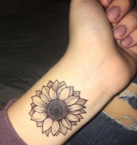 Sunflower Wrist Tattoo, Sunflower Tattoo On Wrist, Fill In Tattoo Ideas Sleeve, Couple Tats, Sunflower Tattoo Shoulder, Wrist Tattoo Ideas, Work Tattoo, Foot Tattoos For Women, Tattoos For Women Flowers