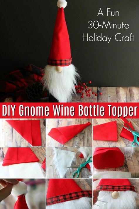 Gnome Wine Bottle, Christmas Wine Bottle Covers, Wine Bottle Crafts Christmas, Wine Bottle Topper, Christmas Gifting, Holiday Crafts Diy, Christmas Wine Bottles, Wine Bottle Covers, Wine Bottle Diy Crafts