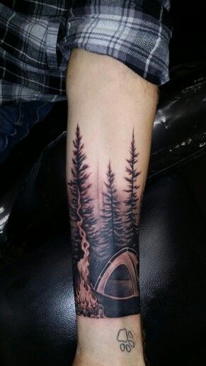 #brockstattooz The Great Outdoors..Camping and bon fires. And Pine trees. Makes me Wana go camping Outdoor Themed Tattoos, Tattoo Ideas Outdoors, Camping Tattoos For Men, Bonfire Tattoo, Camping Tattoo Ideas, Campfire Tattoo, Wilderness Tattoo, Outdoor Tattoo, Oregon Tattoo