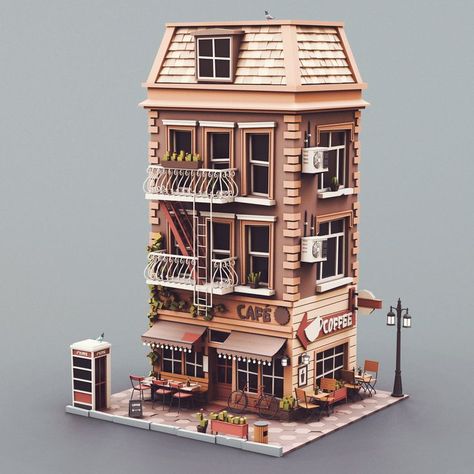 Blender Building, City Cafe, Low Poly Building, Cartoon Building, Modern Store, 3d Building, Pen Art Work, New York Buildings, City Cartoon