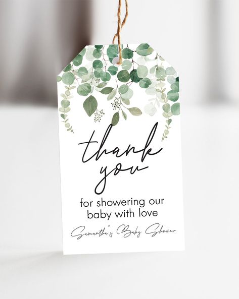 Eucalyptus Baby Shower Favor Tags, Baby Shower Hang Tags, Thank You Tags, Eucalyptus Gift Tags These customized baby shower gift tags add style and flair to party favors, gifts, and thank you treats. Personalize your baby shower favors to match your theme. The hang tags are customized for you here in my studio with your name and printed using a high quality inkjet printer & inks. Your order will be packaged with care in a cellophane protective sleeve and shipped in a protective mailer. Hang Tags Baby Shower Return Gifts, Sage Green Baby Shower, Baby Shower Thank You Gifts, Cheap Baby Shower, Baby Shower Tags, Green Baby Shower, Baby Shower Thank You, Boho Baby Shower, Green Gifts