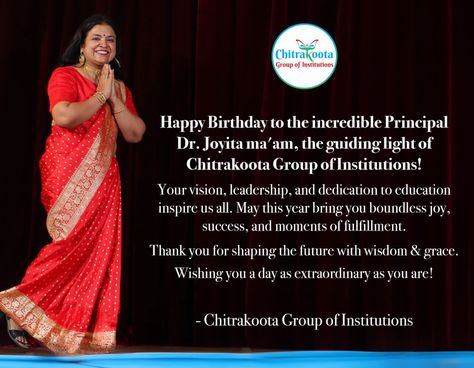 Happy Birthday to our beloved Principal Joyita ma'am! 🎈🎉We are so grateful to have such an inspiring and motivating leader who has always helped us to strive for excellence. May you have a day filled with joy and smiles! Wishing you a very happy and blessed birthday! 🎂 #CKS #CGI #CHitrakootagroupofInstitutes #ChitrakootaSchool #Kaushalyaschool #happyprincipalbirthday #gratefulforjovitamaam #hbdjoyitamaam Blessed Birthday, Strive For Excellence, Happy Birthday To Us, Have A Day, Day Wishes, So Grateful, Very Happy, Happy Birthday, Birthday