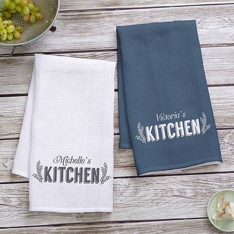 Personalized Kitchen Towels, Dish Towel Embroidery, Towel Embroidery Designs, Personalised Placemats, Kitchen Words, Tea Towels Diy, Personalized Tea Towel, Towel Embroidery, Waffle Weave Towels