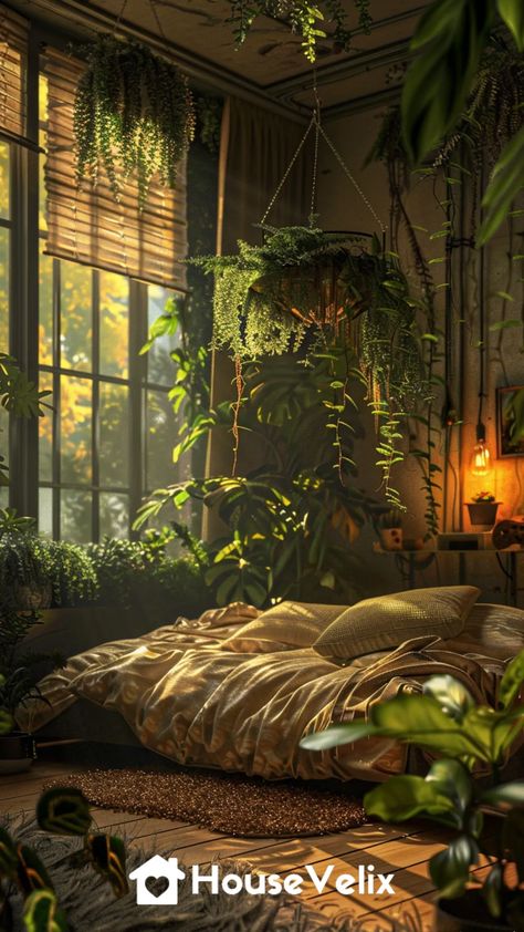 Overgrown Bedroom, Lighted Branches Decor, Forest Bedroom Ideas, Forest Themed Bedroom, Themed Bedroom Ideas, Plant Bedroom, Understory Plants, Tree Stump Side Table, Hanging Ferns