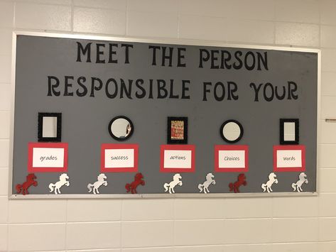 Meet the person responsible for your grades, success, actions, choices, and words.  Used Dollar Tree mirrors. Meet The Person Responsible Mirror Board, Meet The Person Responsible Mirror, Meet The Team Bulletin Board, Team Bulletin Board, Classroom 2023, Writing Classroom, Dollar Tree Mirrors, College Bulletin Boards, Burning Passion