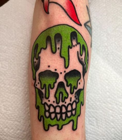 Anchorman Tattoo, Simple Zombie Tattoo, Halloween Flash Tattoo Simple, Old School Horror Tattoo, Get What You Get Tattoo, New School Skull Tattoo, Punk Skull Tattoo, Traditional Horror Tattoo, Goosebumps Tattoo