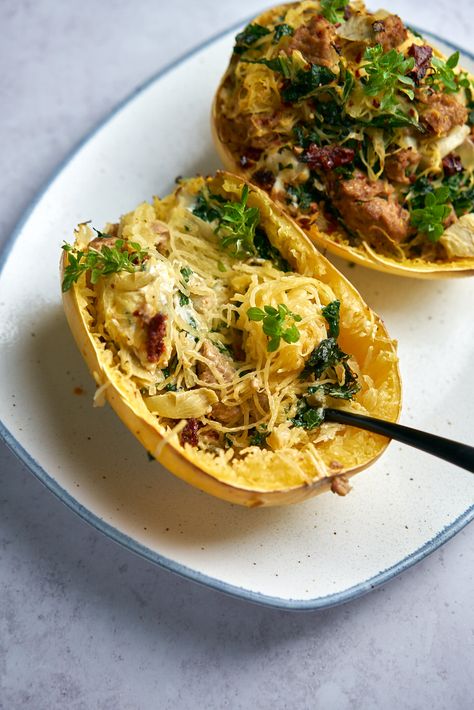 Stuffed Cheesy Sausage Spaghetti Squash — OhCarlene Spaghetti Squash And Sausage Recipes, Dinner For Cold Weather, Sausage Stuffed Spaghetti Squash, Sausage Spaghetti Squash, Sausage Squash, Sausage And Spaghetti Squash, Farmer Sausage, Squash Bake, Stuffed Spaghetti Squash