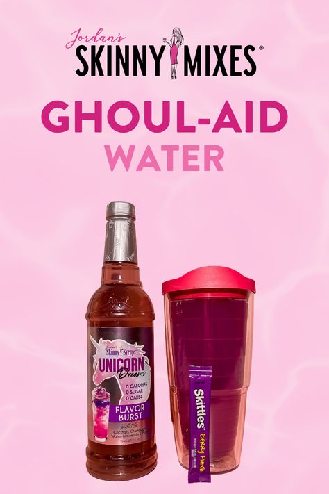 This ✨GHOUL-AID✨ is the perfect way to quench your thirst for terror! 👻 ◦Unicorn Skinny Syrup (2 pumps) ◦Skittles Berry Punch Drink Mix (1 packet) ◦Water (32 oz) Flavored Water Mixed Drinks, Water Flavor Packet And Syrup Recipes, Water Recipes With Unicorn Syrup, Water Tok Recipes With Syrups, Unicorn Water Recipe, Unicorn Syrup Water Recipes, Ghoul Aid, Loaded Water, Potion Bar