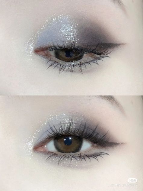 Grey And Blue Makeup, Silver Grey Makeup, Silver And Blue Eye Makeup, Blue Makeup Looks For Prom, Dark Blue Eye Makeup, Silver Prom Makeup, Prom Makeup Silver, Black And Silver Eye Makeup, Grey Eye Makeup