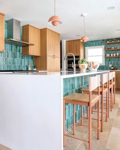 Kitchens of Instagram on Instagram: "Are you ready for a 🤩 transformation? Swipe to see what this kitchen looked like before @iceinteriordesign worked her magic on it. Featuring some of our favorite @clayimports handmade glazed terra-cotta tile 🌊 in stock now and ready to ship! #ci_glazedterracottalightgreen Photo by @cateblackphoto #remodel #remodeling #reno #renovation #renovations #homereno #homerenovation #homerenovations #beforeandafter #fliporflop #fixerupper #flippinghomes #flippingh Tiling Under Kitchen Island, Tiled Island Base, Tiled Kitchen Island Base, Tiled Kitchen Island, Colorful Kitchen Backsplash Ideas, Palm Springs Kitchen, Kitchen Island Base, Colorful Kitchen Backsplash, Bar Backsplash