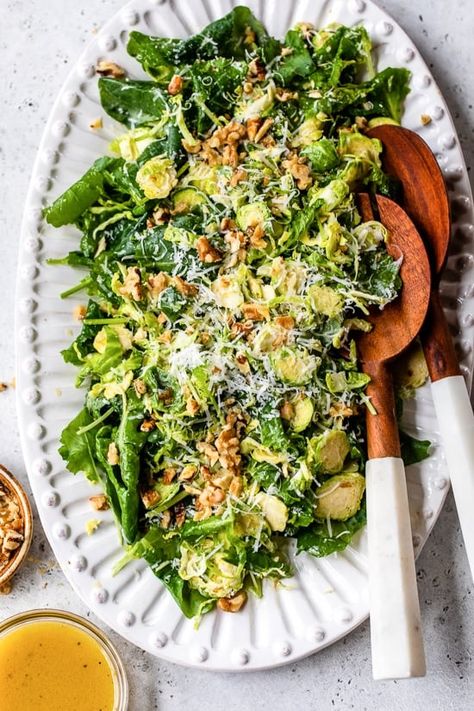 This healthy, crunchy Kale and Brussels Sprout Salad with Parmesan and Pecans is tossed with a Dijon Maple Vinaigrette – so good! Kale Brussel Sprout Salad, Staff Retreat, Crunchy Kale, Brussel Sprout Salad Recipes, Brussels Sprout Salad, Maple Vinaigrette, Autumn Salad Recipes, Sprout Salad, Quick Salads