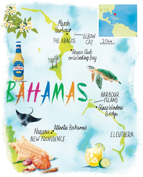 Bahamas map by Scott Jessop Bahamas Painting, Carribean Map, Bahamas Poster, Bahamas Map, Cup Print, Tropical Cruise, Pineapple Graphic, Atlantis Bahamas, Illustrated Maps