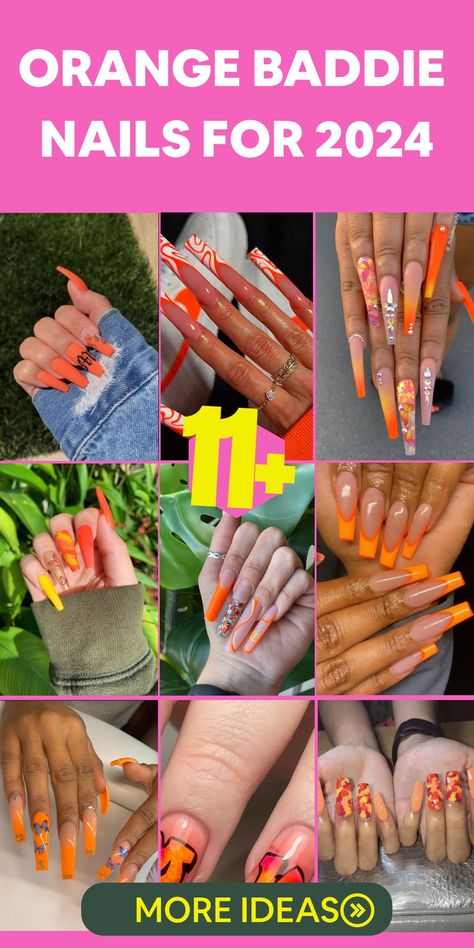 Add a pop of color and attitude to your look with Orange Baddie Nails for 2024! Whether you love fiery neon shades or prefer a subtle peachy hue, there's a baddie nail style that fits your vibe. Embrace the power of orange nails to make a statement wherever you go. Play around with various shapes, lengths, and designs to craft a confident and sophisticated nail look that sets you apart. Peachy Palette, Vibrant Nail Designs, Orange Acrylic Nails, Summer Pedicure, Orange Nail Designs, Shaped Nails, Baddie Nails, Stylish Nails Designs, Vibrant Nails