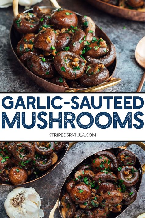 Love ordering garlicky, buttery sautéed mushrooms as a side for steak at restaurants? They're easy to make at home! A splash of cognac and fresh lemon juice takes these mushrooms to the next level. #mushrooms #sidedish via @stripedspatula Side For Steak, Butter Mushrooms, Steak Sides, Sautéed Mushrooms, Steak Side Dishes, Garlic Mushrooms, Vegetable Side, Creamed Spinach, Sauteed Mushrooms