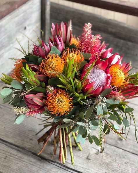 Bright Australian Native Bouquet, Waratah Wedding Bouquet, Protea Bouquet Wedding Simple, Fynbos Wedding Table Settings, Wedding Flowers Protea, Australia Native Bouquet, Australian Summer Wedding Flowers, Australian Native Floral Arrangements, Australian Native Flower Arrangements