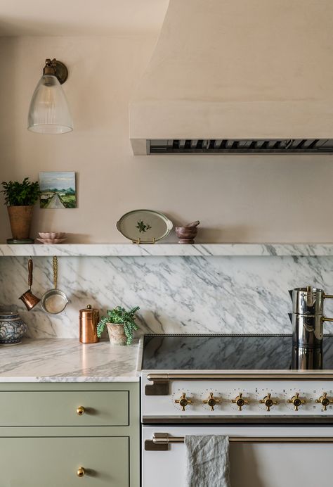 Kitchen Range Wall, No Upper Cabinets, Range Wall, Sage Kitchen, Kitchen Slab, Sage Green Kitchen, Marble Shelf, Cottagecore Home, Walnut Shelves